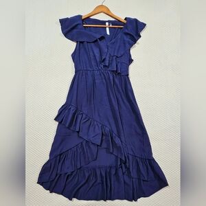 NY Collection Navy Blue Modern Ruffle‎ Cocktail Midi Dress Macy's Size PXL